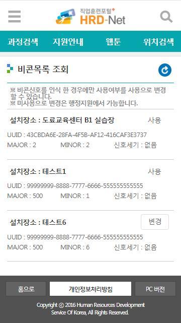 3.3. 비콘사용활성화 ( 모바일앱 ) 1 스마트폰에서 HRD-Net 앱을설치하고실행합니다. 2 비콘기기근처에서앱을실행합니다. 3 훈련기관이나훈련기관대리인으로로그인을합니다. 4 비콘조회화면으로전환합니다. 5 비콘근처로이동하여비콘신호를수신합니다. 6 비콘목록중변경버튼을선택하여사용상태로변경합니다.