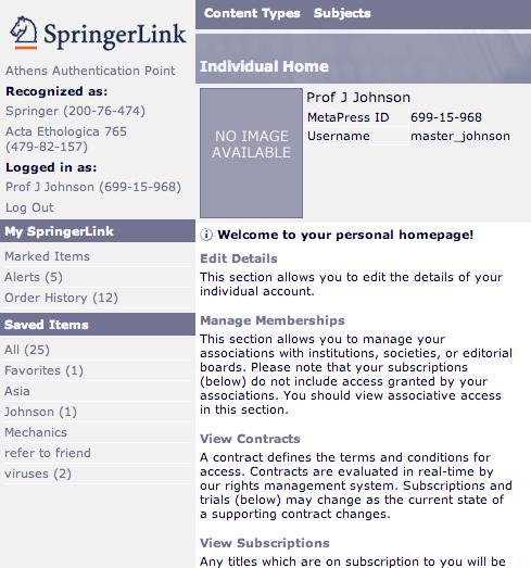 7. My SpringerLink 개인적으로로그인한후, 로그인상세사항으로가면설정 /