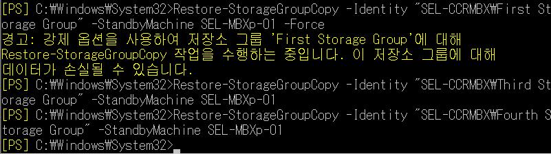 Restore-StorageGroupCopy -Identity XXX-CCRMBX\Fourth Storage Group -StandbyMachine XXX-MBXp-01 이단계에서, Restore-StorageGroupCopy 명령어의 Force 변수를사용하지않았다.