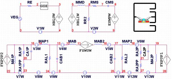 Fg. 5 PSPICE model of mpedance type for 6th bandpass box system VEG( f ) Z ( f ) = (11) 1 ( f ) 여기서, ρ는공기밀도로 1.18 kg/m 3, p ref 는기준음압으로 20 upa이며 f는주파수이고 VEG(f) 는마이크로스피커양단에걸린전압의주파수특성을나타낸다.