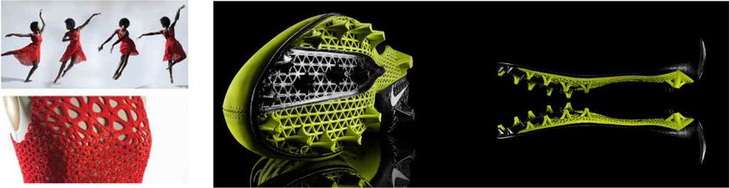 Nike는제품디자인과소재, 생산에 3D 프린터를적극활용하여, 기존의절삭가공및주형방식으로는개발할수없는경량화및마찰력확보를위한정교한타공패턴및스파이크구조의밑창이적용된미식축구화 Nike Vapor Laser Talon(Fig. 5) 을출시하였으며 (Oh et al.