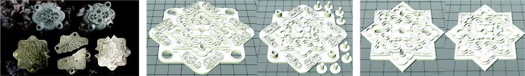 패션쇼를위한 3D 프린팅의상디자인개발연구 273 Fig. 12. The destructed conditions of the objects printed by SLA (August 14, 2018). Fig. 13. The refined Boesangwha objects in order to print using SLA (August 14, 2018).