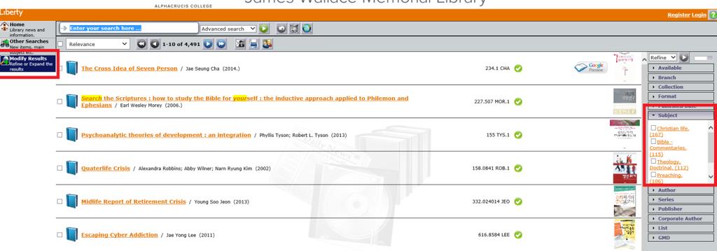 4) 검색한도서를주제별로분류 왼쪽에있는 Modify Results