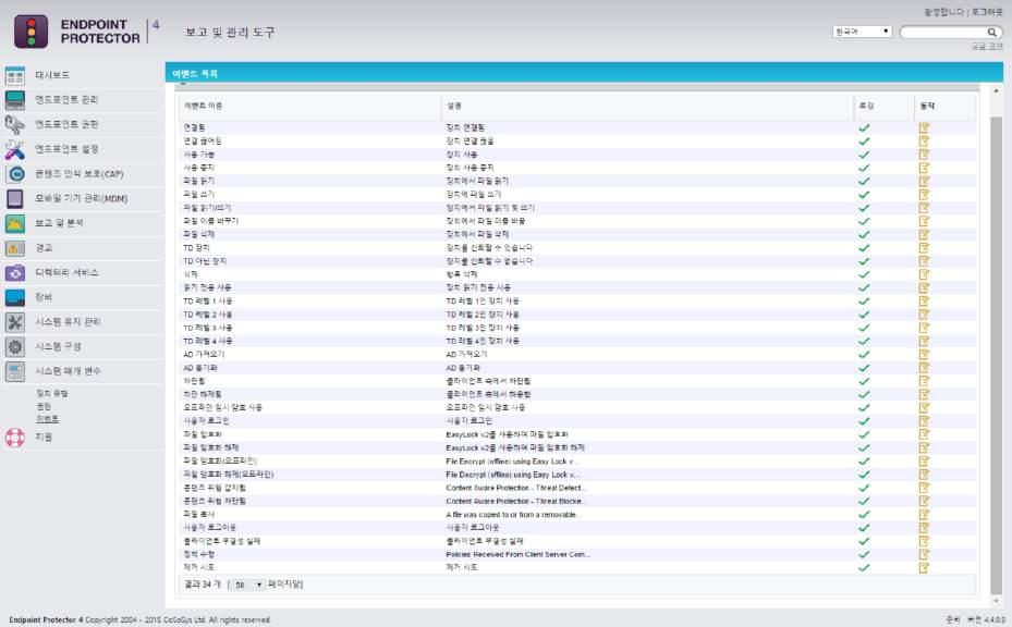 159 Endpoint Protector 사용설명서 14.3. 이벤트 다음은이후참조를위해기록되는이벤트의목록입니다. 참고!