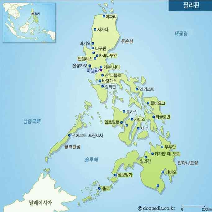 1 일반개황 1.1. 국가개요 1) 지리적위치의북쪽에는대만, 남서쪽에는말레이시아, 남쪽에는인도네시아가근접해있고남북길이가 1.85km에이르며 7,107개의크고작은섬들로구성되어있음. 크게루손, 비자야, 민다나오등세지역으로나뉨수도마닐라 (Manila) 면적 300천 km 2 ( 한반도의약 1.3배 ) 인구 1.