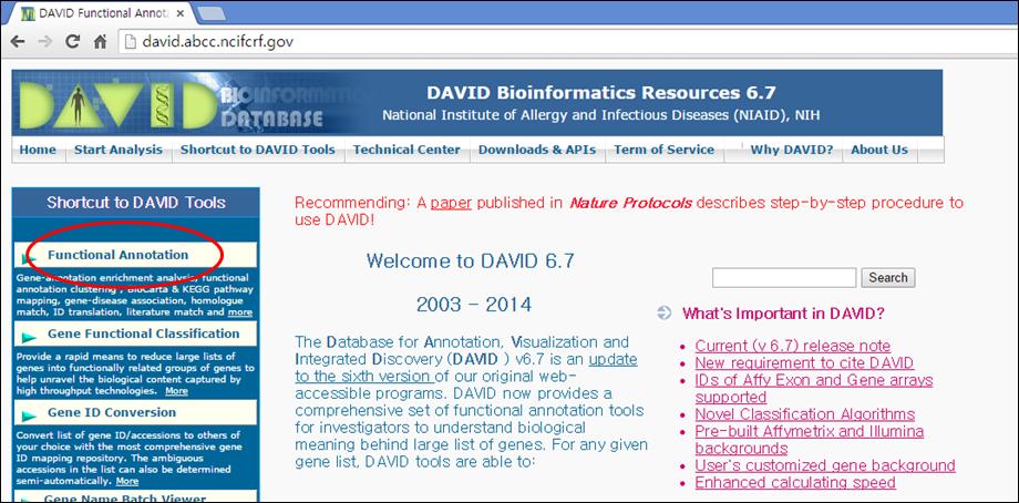 4. DAVID tool 을이용한 Functional Annotation 분석 DAVID 는다양한데이터베이스를기반으로유전자의상관관계를통계적으로분석하여유전자의 주요기능을예측하는 analysis tool 이다. 분석과정은그림 4-1 과같다. 웹페이지 접속 http://david.abcc.ncifcrf.