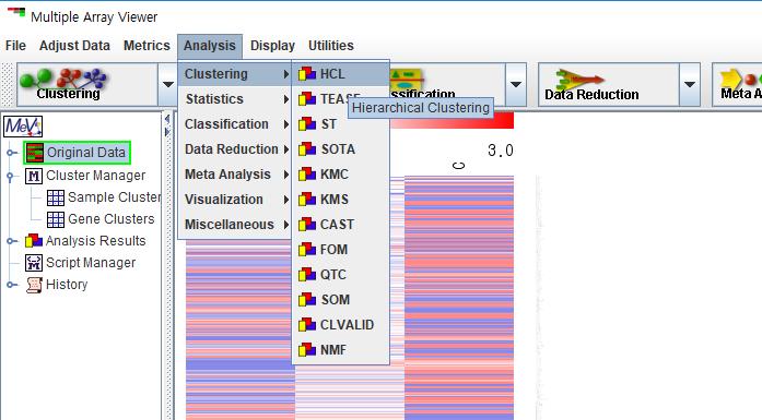 Data uploading method Analysis-> Clustering-> HCL 을선택하여