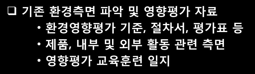 이로운환경영향 ( 기회 ) 에연관된리스크와기회의결과일수있음 기존사항 기존환경측면파악및영향평가자료 환경영향평가기준, 절차서, 평가표등 제품,