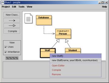 그림 2 : 클래스기능들 ( 팝업메뉴 ) Staff 객체를생성하기위해서는 Staff 아이콘에서마우스오른쪽버튼을클릭합니다 ( 그림 2에서보여지는팝업메뉴 ).