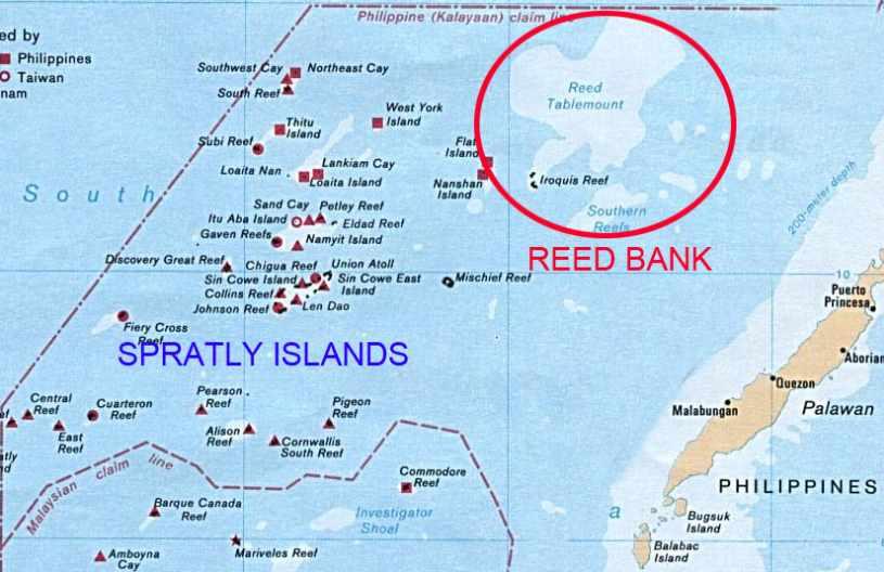 주요단신 원유및가스탐사활동중단을지시함. - 남중국해 Palawan 섬에서 85해리떨어진 Reed Bank 해역에는약 4억4,000 만배럴의원유와 3.4Tcm의가스가매장된것으로추정되고있음. - 필리핀정부는남중국해지역전체에대한영유권을주장하는중국과갈등을겪어왔음.