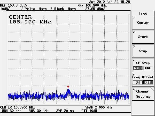 그림 17. TBN (102.5 MHz) Fig. 17. TBN field strength of Muju-eup(102.5 MHz). 그림 20. EBS (106.9 MHz) Fig. 20. EBS field strength of Muju-Seolchun. 그림 18. EBS (106.9 MHz) Fig. 18. EBS field strength of Muju-eup(106.
