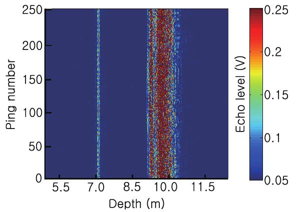 Chirp 데이터수록및처리시스템의성능특성 183 Fig. 4. An echogram for the low frequency channel (35-75 khz) measured from a WC (tungsten carbide sphere with 6% cobalt binder) sphere (Dia.