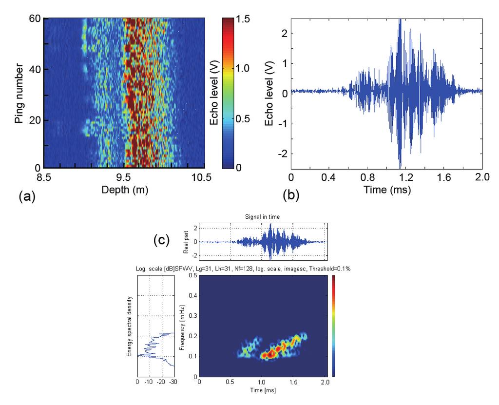 Chirp 데이터수록및처리시스템의성능특성 185 Fig. 7. Expended echogram (a), chirp echo waveform (b) and time-frequency image (c) for the broadband echo signal from seabed.