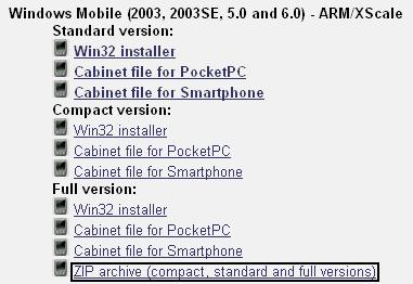 Win32 installer는 스마트폰이 컴퓨터에 연결된 상태에서 윈도 환경의 컴퓨터에서 실행시켜 스마트폰에 설치하는 버전, Cabinet file은 스마트폰에 복사해 넣은 후 스마트폰에서 이 압축파일을 풀어 설치하는 버전이고, ZIP archive(위 그림의 검은 색