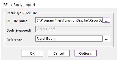 RecurDyn RFlex Body 의교체 Flexible Boom 을나타내는 RecurDyn RFlex Input (RFI) 파일을 Import 해봅시다. 또한, Rigid Body 를교체해봅시다. RFlex body 를교체하기 : 1. Flexible 탭의 RFlex 그룹에서, Import RFI 를선택합니다. 2.