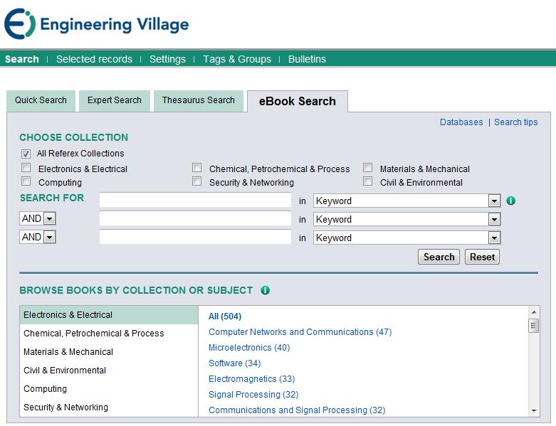 ebook Search (ebook 검색 ) ebook Search(eBook 검색 ) Engineering Village 에서검색할수있는 Referex ebook 데이터베이스에포함된 ebook 검색가능 1 * Referex: