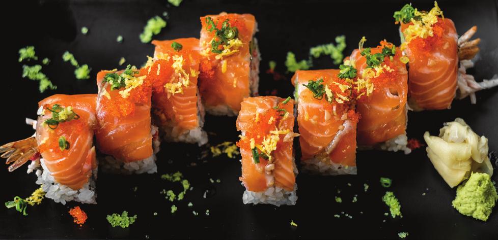 *Yeunup *연업 California roll with shrimp tempura, covered in salmon, lemon zest, and our