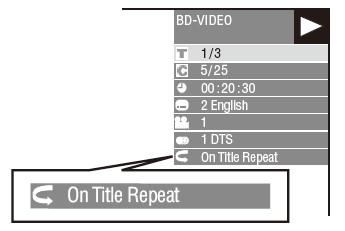 1 반복을원하는타이틀또는챕터를재생합니다. 2 REPEAT를누릅니다. 3 / 를눌러반복재생의종류를선택합니다. 타이틀재생 : 현재재생되는타이틀을반복합니다. 챕터재생 : 현재재생되는챕터를반복합니다. 신선택 : 타이틀의특정장면또는챕터를반복합니다.