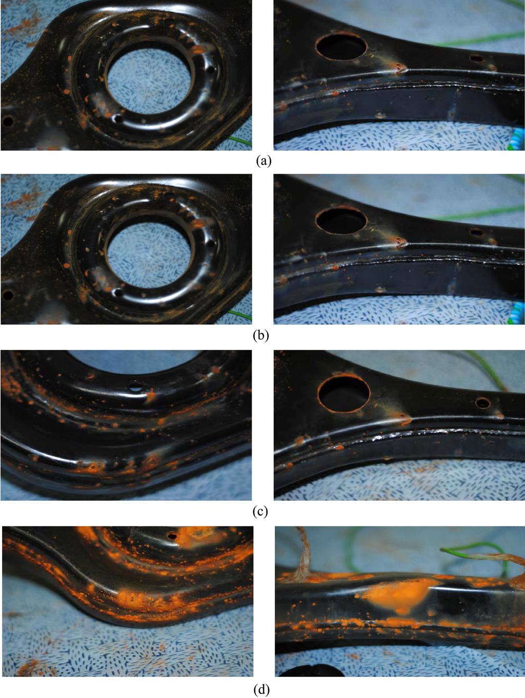 EIS Bode plots for the lower arm with various E-CCT cycles. 가하여 실시하였으며, 도장 열화로 인해 발생한 도장 결함 부에 식 (2)에 나타낸 소지금속의 양극용해 반응을 집중시 켜 관통부식 현상을 가속화한다 [26,27]. 그림 6에 E-CCT 실행에 따른 로어암 부품의 부식상태 변화를 나타내었다.