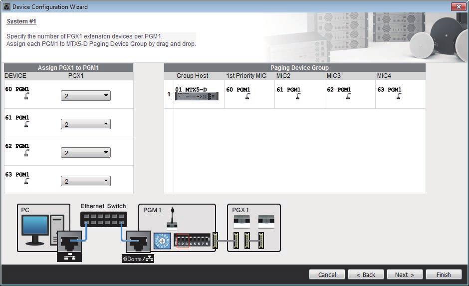 Device Configuration Wizard 대화상자 제 3 장프로젝트화면 7. PGX1 장치번호를지정하고 MTX5-D/MRX7-D 및 PGM1 장치를연계시킵니다. (PGM1 이 3 단계에서 0 이외의다른번호로설정된경우 ) PGM1 의확장장치인 PGM1 장치의수를지정할수있습니다.