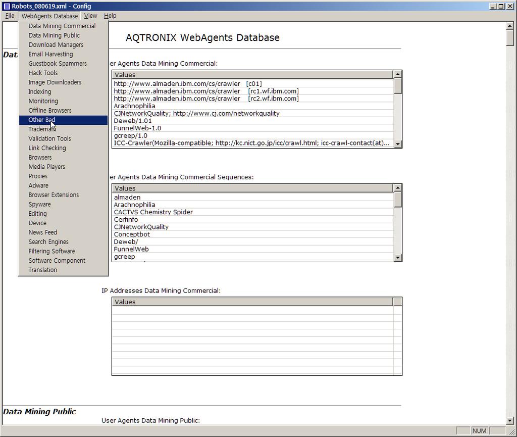 그외설정팁 Robots.xml - Web Agent Database 사용자가접속하는웹브라우저나클라이언트도구등을 User-Agent라고하며, 이 User-Agent값을이용해어떤브라우저로접속하였는지어떤도구를이용해접근하였는지판단할수있다. WebKnight는이런 User-Agent에대한정보를 Database화하여제공하고있는데 Robots.xml이바로그것이다.