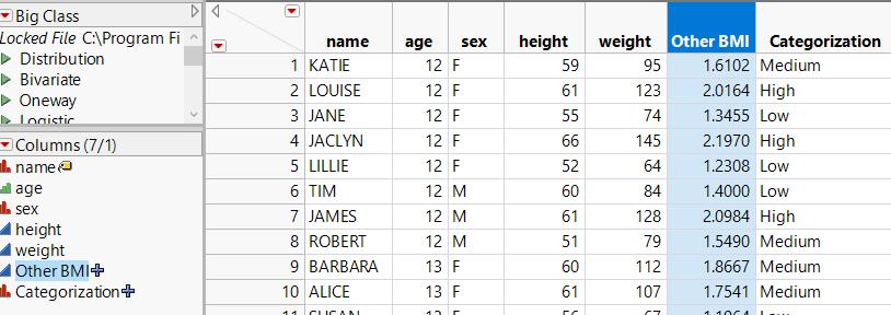 Other BMI 계산 1) cols / new column 또는 data table 의 new column 에서우측마우스클릭한후 column properties / formula 선택 column info 에 Other BMI 입력,