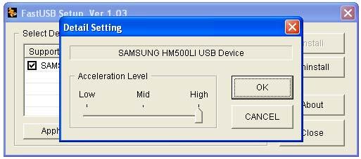 Notice - Details : Button for selecting USB speed in three levels. Select Level and click [OK].