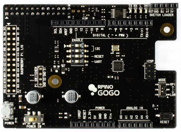 3V / 5V 사용가능 ) PI Switcher 지원 (GPIO24, GPIO25 사용 ) < RPino GOGO > < RPino GOGO (assembled) > 제품명 MCU RPino GOGO ATmega328P 동작속도 16MHz ( External