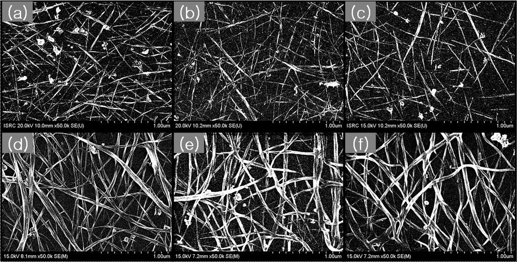 10 장의윤 강태준 임형욱 김대원 김용협韓國複合材料學會誌 Fig. 3 SEM micrographs of single-walled carbon nanotube networks corresponding to withdrawal velocity of (a) 0.3, (b) 3.0, and (c) 6.0 mm/min in 0.0125 mg/ml, (d) 0.