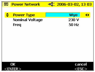 1-6. Power Network 결선상태와공칭젂압, 주파수를설정합니다.