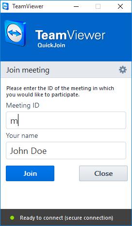 5 TeamViewer 모듈 참가자는 TeamViewer QuickJoin 을통해회의에연결됩니다. 참가자는 TeamViewer QuickJoin 을실행하여회의에연결하기위해개시자에게받은회의연결정보 ( 회 의 ID 와필요한경우비밀번호 ) 를입력합니다. 또한회의동안모든참가자가볼수있는이름입력란에 이름을입력합니다.