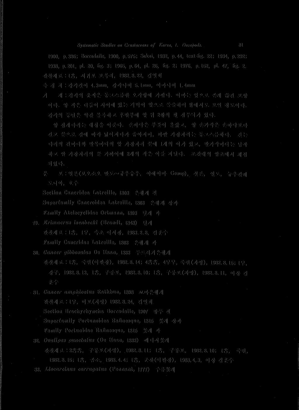 Systematic Studies on Crustaceant of Korea, 1 Decapods. 81 1900 p. 386; Borradaile, 1900,p. 575; Sakai, 1932,p. 44, text-fig. 22; 1934,p. 292; 1938,p. 201, pl. 20 fig. 3; 1965, p. 64,pl. 26,fig.