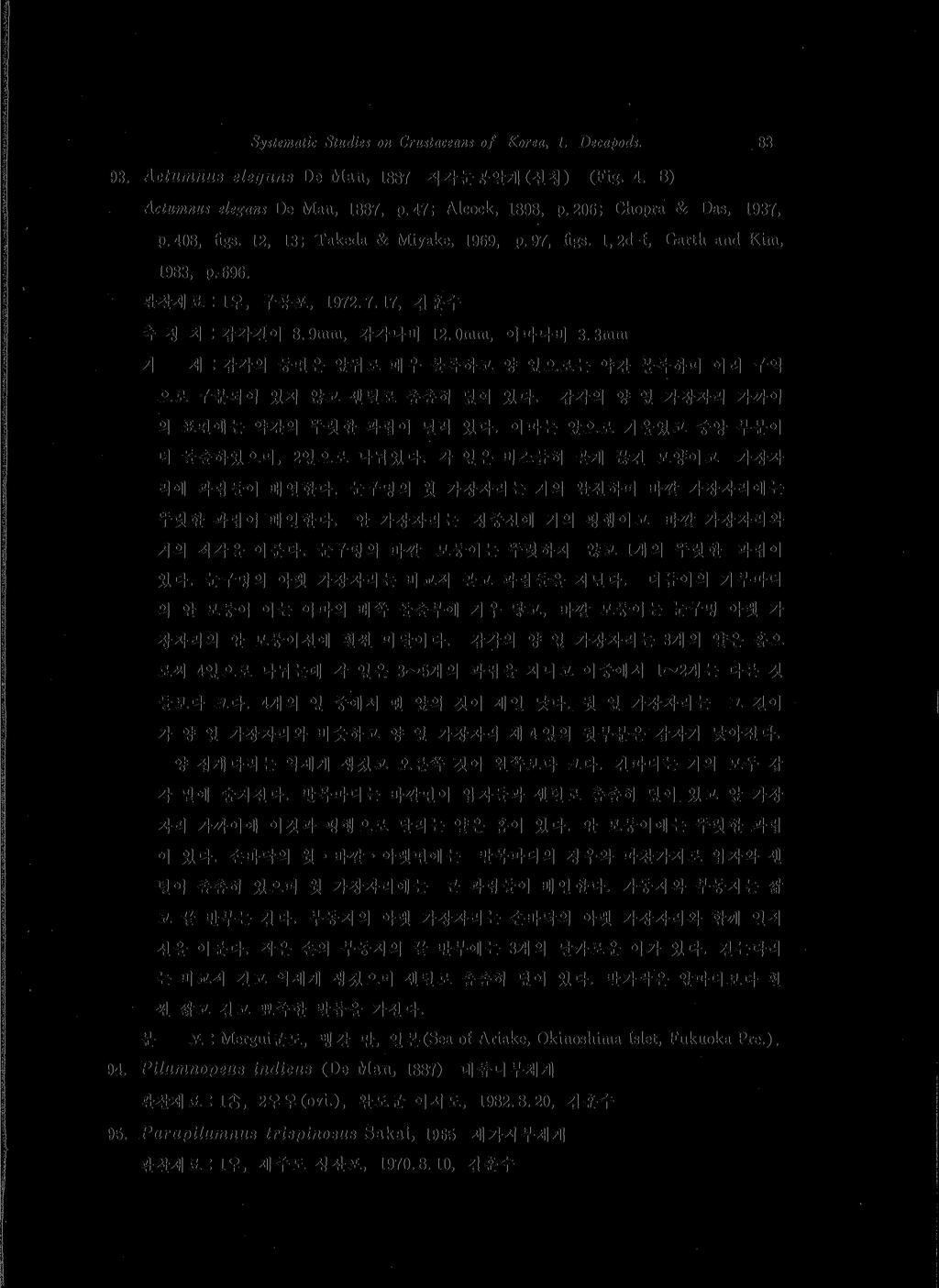 Systematic Studies on Crustaceant of Korea, 1 Decapods. 83 93. Actumnus elegans De Man, 1887 직각눈콩알게 ( 신칭 ) (Fig. 4. B) Actumnus elegans De Man, 1887, p. 47; Alcock, 1898 p. 206; Chopra & Das, 1937, P.