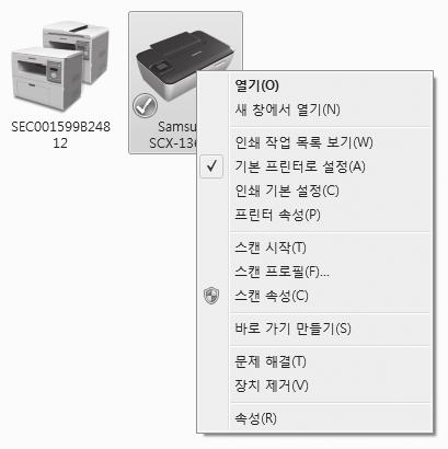 인쇄환경설정하기 프린터폴더에서열기 1 < > 누른뒤 < 장치및프린터 > 를선택하세요. Windows XP 의경우, < 시작 > 메뉴에서 < 프린터및팩스 > 를선택하세요. 2 Samsung SCX-1365W 를아이콘을마우스오른쪽버튼으로누른뒤 < 인쇄기본설정 > 을선택하세요. 클릭 Windows 환경에따라아래와같은방법으로여세요.