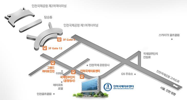 오시는길 * 신주소 ) 인천광역시중구공항로 424 번길 84 * 구주소 ) 인천광역시중구운서동 2850-13 공항순환셔틀이용시인천국제공항 3F( 출국층 ) 3 번혹은 12 번게이트 ( 화물터미널행 ) 승차인하국제의료센터정문정차 [ 약 5~10 분소요 ] KAL