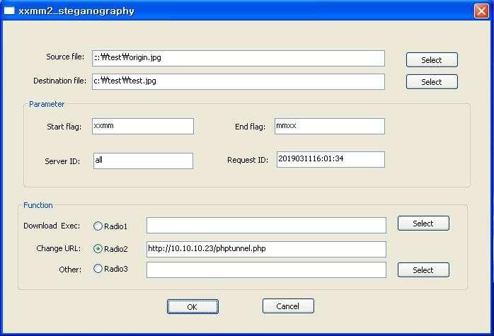 1.4) xxmm2_steganography Xxmm 악성코드는이미지속에악의적인명령을숨기는스테가노그래피기법을사용하고있고있다. 스테가노그래피내용을추가해주는생성기인 xxmm2_steganography.exe (50de060bf16898656317eb97c5c1da03) 가발견되었다.