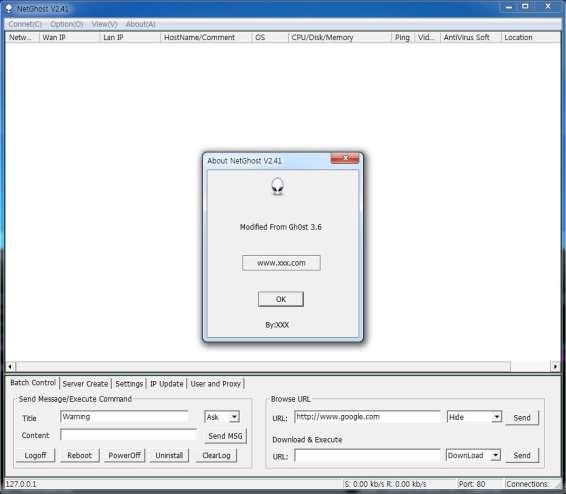 2.3) NetGhost 넷고스트 (NetGhost) 는 2014 년부터 2017 년까지발견된악성코드생성및콘트롤러이다. Modified From Gh0st 3.6 과같은문자열로미루어 Gh0st 을기반으로제작되었을가능성이있다. [ 그림 30] NetGhost 3.