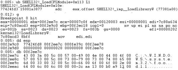 LNK 취약점은바로가기파일의 idlcon의값이 0으로셋팅되어지면바로가기파일의 Path에나와있는 DLL파일을 Load하여실행된다. [ 그림 2-4] 악성 Shortcut 파일의실행모습 SHELL32!_imp_LoadLibraryW 함수를시작으로바로가기파일의 Path 에 DLL 파일을 Load 하여실행하게된다.