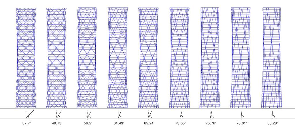 적용예제 U1-1 회전형구조물 ( ) 그림 4.7 회전형구조물의다이아그리드 적용예제 U1-1은입면과평면의형태가그림 4.6-(a) 와같이최상층이최하층에대해 ( 비틀어진다이아그리드구조물이다.