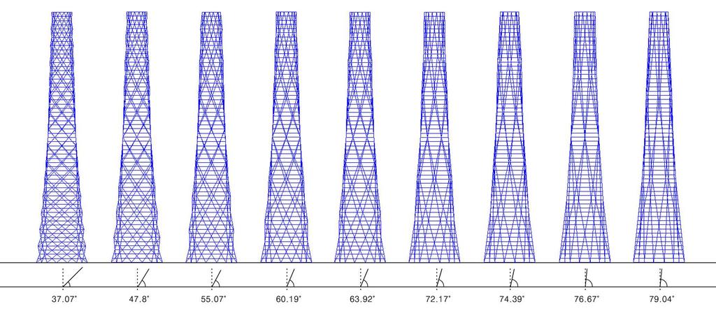 적용예제 U1-3 회전테이퍼형구조물 ( ) 그림 4.11 회전테이퍼형구조물의다이아그리드 적용예제 U1-3은입면과평면의형태가그림 4.