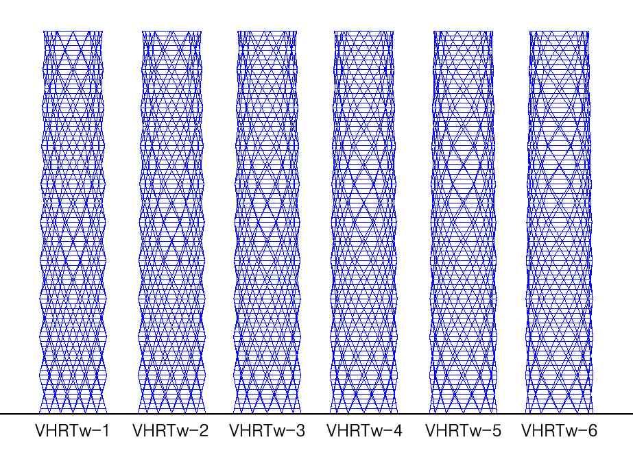 그림 4.20 Varying Angle_Horizontal 회전형구조물의모델별입면형태 Uniform Angle 회전형구조물의다이아그리드최적각도가 인것을 기준으로하여평균적으로약,,,,, 씩다이아그리드 각도값이차이가나도록표 4.16 과같이 6 가지구조물을설계하였다. 표 4.