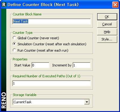 일반적인모형은 Start Flag 블록으로시작하고, 현재시뮬레이션을수행하고있는과업에대해기록하는 Counter 블록 ([ 그림 20]) 을그다음에연결한다.