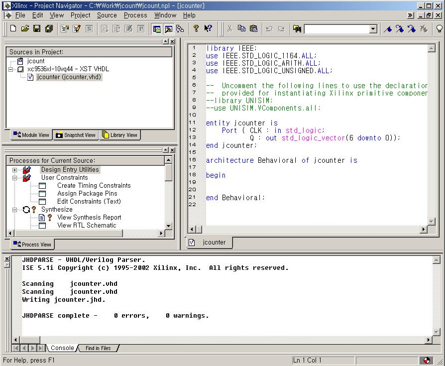 New Source 를이용한 Source 의작성을위한 럼 Project Navigator 가준비됩니다. 모든준비작업이끝나면아래의그림처 < 그림 11 > New Source 로 VHDL file 입력된후 Project Navigator 오른쪽부분의 HDL source 창에있는 jcounter.vhd 파일의코드를완성하여야합니다.