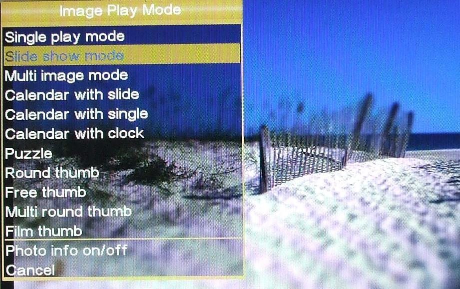 Single play mode( 싱글재생모드 ): 선택한사진한장만재생합니다. 방향버튼으로다음장이나이전장으로넘길수있습니다. Slide show mode( 슬라이드쇼모드 ) : 사진을슬라이드쇼모드로재생합니다. Multi image mode( 멀티이미지모드 ): 한화면에사진을여러개띄우면서자동으로슬라이드모드로보여줍니다.