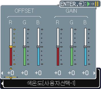 영상메뉴 영상메뉴 ( 계속 ) 항목 설명 / 버튼을사용하여색상온도모드를변경합니다. #1 #1 #2 #6-3 #2 #6-3 #3 #5-2 #3 #5-2 #4-1 #4-1 색온도 농도 색상 ( 다음페이지에계속 ) 사용자선택조정하기 명칭에사용자선택이포함되는모드를선택한다음 버튼또는 ENTER 버튼을누르면선택된모드의오프셋과게인을조정하기위한대화상자가표시됩니다.