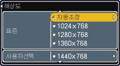입력메뉴 입력메뉴 ( 계속 ) 항목 설명 본프로젝터에서 COMPUTER IN1 과 IN2 입력신호의해상도를설정할수있습니다. (1) 입력메뉴에서 / 버튼을사용하여해상도를선택한다음 버튼을누릅니다. 해상도메뉴가표시됩니다. (2) 해상도메뉴에서 / 버튼을사용하여원하는해상도를선택합니다. 자동조정을선택하면입력신호에적합한해상도가설정됩니다.