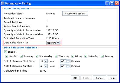 Auto-Tiering 메뉴를사용하면예약된재배치를풀레벨에서선택할수있습니다. 이는 Automatic 또는 Manual로설정할수있습니다. 그림 12에표시된것과같이 Relocation Schedule을클릭하여 Manage Auto-Tiering 창을엽니다. 이창에서 Data Relocation Rate를조정할수있습니다.