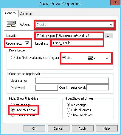 그림 21. 사용자프로필데이터용 Windows 네트워크드라이브매핑생성 8. OK 를클릭합니다. 9. Group Policy Management Editor 를닫습니다.