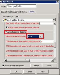 그림 26. Volume Freezing Options 13. Method to freeze volumes 목록상자에서 None 을선택합니다. 14. OK 를클릭하여데이터세트를저장합니다. Avamar 백업스케줄정의 Avamar 스케줄은그룹백업과맞춤형알림이발생하는시기를제어하는재사용가능객체입니다.