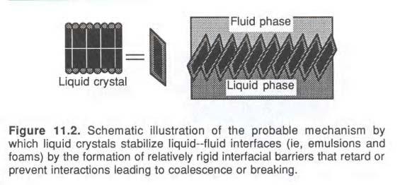 Liquid Crystals and Emulsion Stability emulsion을안정화하는표면막의기계적강도는system의전체안정성에중요한영향을끼칠수있다.